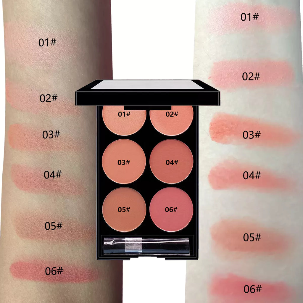 Paleta de Blush Fosco Seis Cores – Destaque Natural, Pó Facial À Prova D'Água para Uso Durante Todo o Dia
