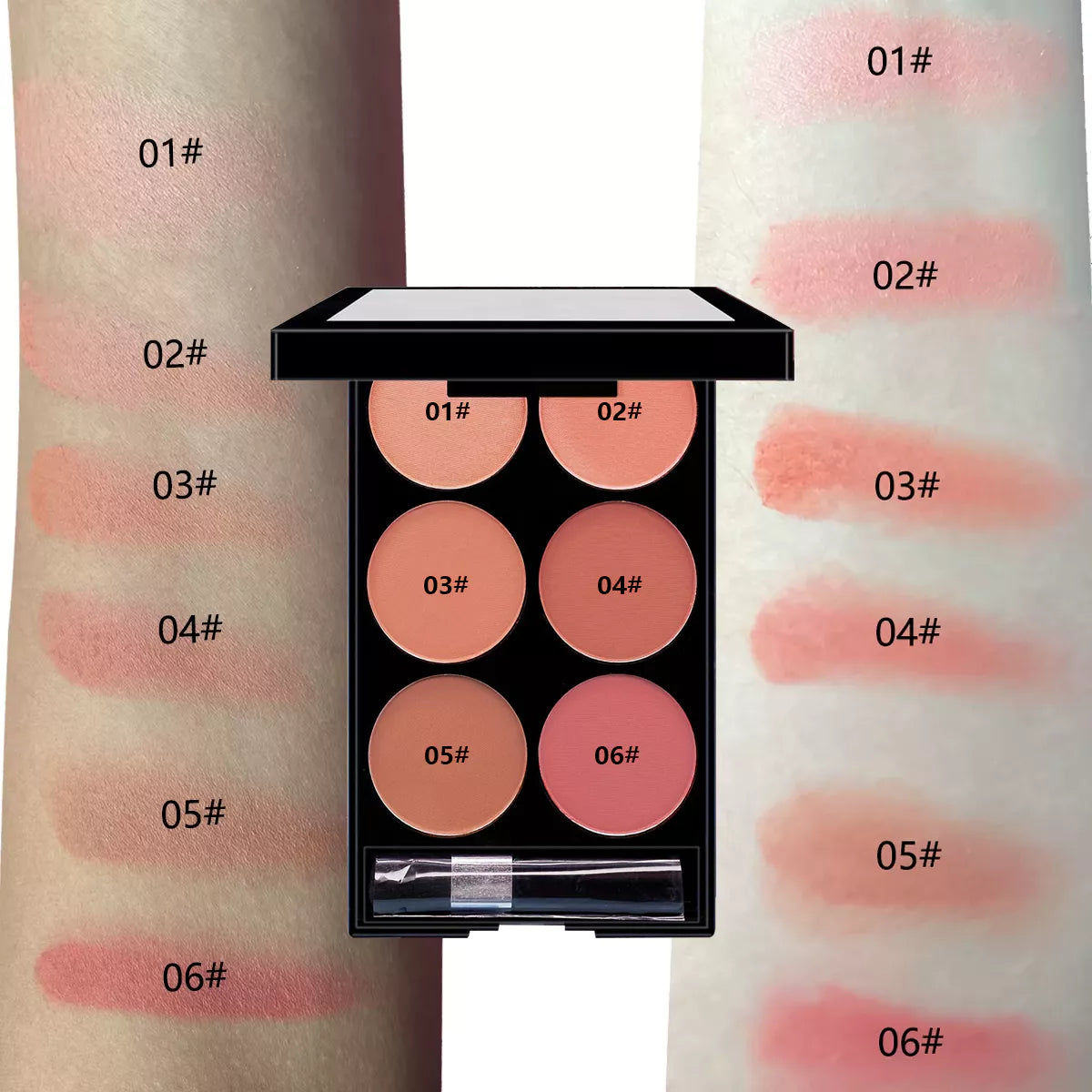 Paleta de Blush Fosco Seis Cores – Destaque Natural, Pó Facial À Prova D'Água para Uso Durante Todo o Dia