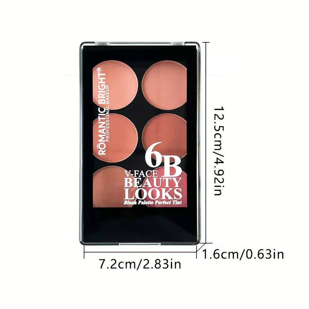 Paleta de Blush Fosco Seis Cores – Destaque Natural, Pó Facial À Prova D'Água para Uso Durante Todo o Dia