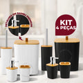 Square Bamboo Bathroom Kit with Luxury Trash Can and Leather Handle
