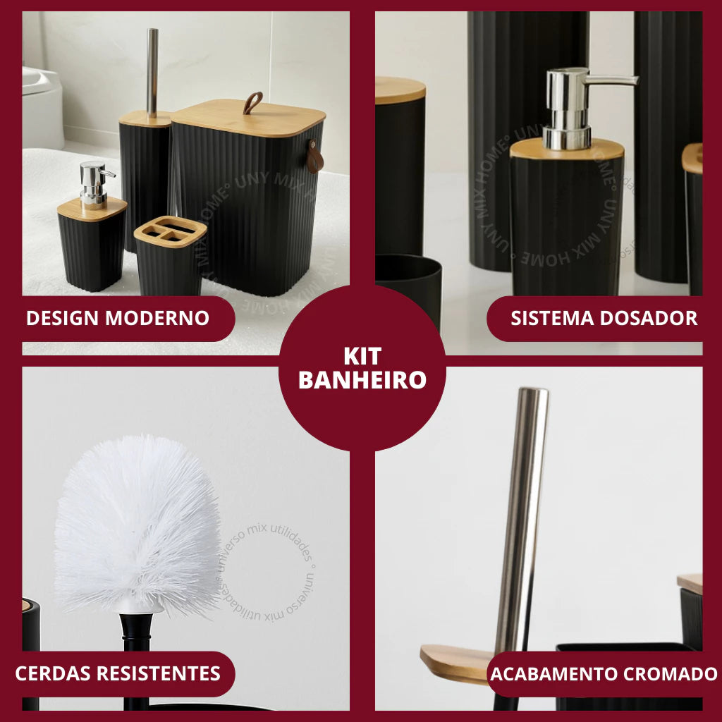 Square Bamboo Bathroom Kit with Luxury Trash Can and Leather Handle