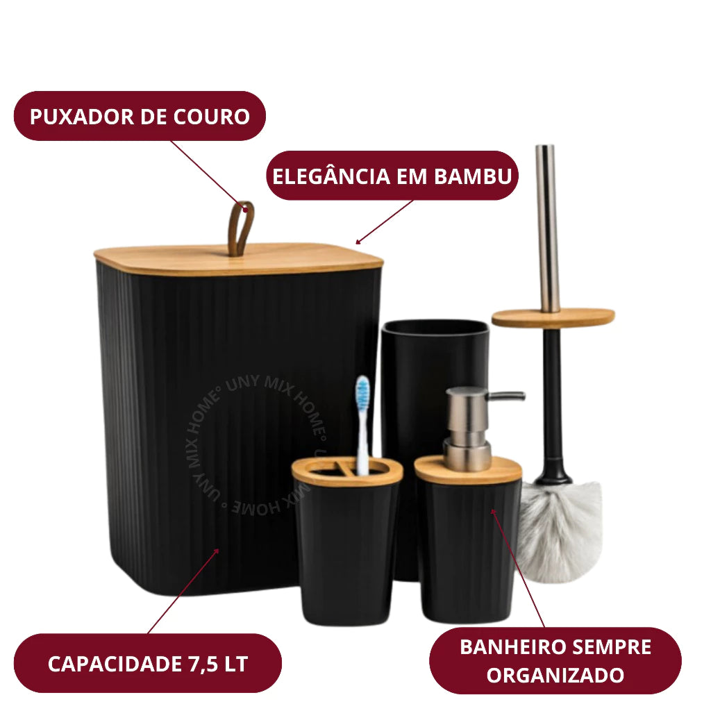 Square Bamboo Bathroom Kit with Luxury Trash Can and Leather Handle