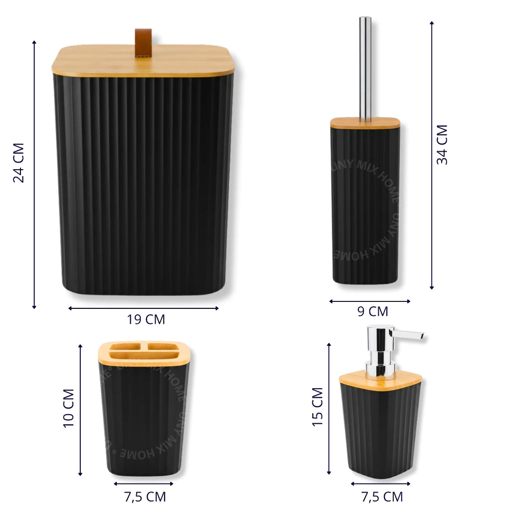 Square Bamboo Bathroom Kit with Luxury Trash Can and Leather Handle