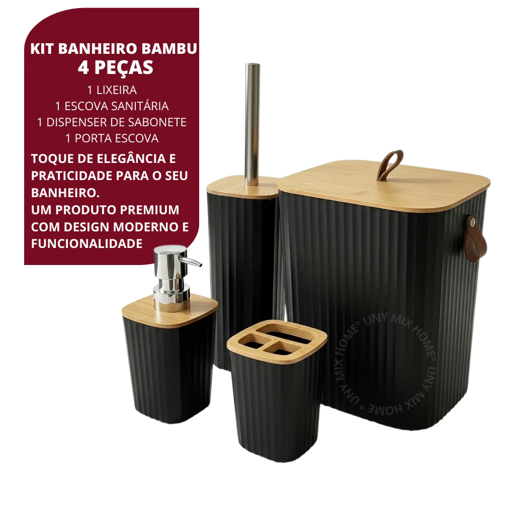 Square Bamboo Bathroom Kit with Luxury Trash Can and Leather Handle