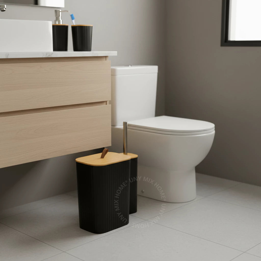 Square Bamboo Bathroom Kit with Luxury Trash Can and Leather Handle