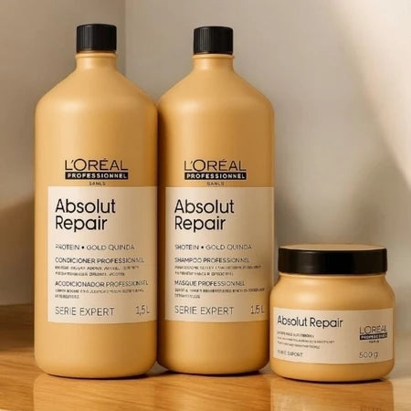 Kit L'Oreal Absolut Repair Gold Quinoa 1,5L - Shampoo, Condicionador e Máscara Profissional